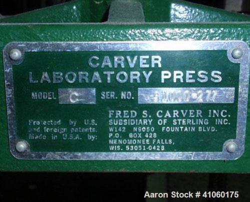 Used Carver Manual Hydraulic Lab Press, 12 Ton Clamping Force, Model C. Requires (2) 6" x 6" platens. Ram stroke 5.1", daylight opening 3/4" to 18".