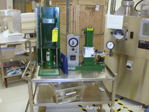 Used Carver Press, Model C, 15 ton compression pressure, with hydraulic pump with 1/2 hp 90 volt motor, pump serial #2822-324, press serial #31000-998.