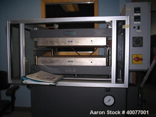 Unused-Used: Carver 30 ton platen press, 2' x 2' platen.  Includes Genesis 11 Slitter; (2) Amtech 20 ultrasonic welders; Eyelet/Grommet machine; Tension controlled unwind; Tension controlled rewind; ...