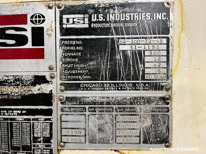 Used CLEARING (USI) "S2-300-72-48" STRAIGHT SIDE DOUBLE-CRANK 300 TON PRESS w/LITTELL SERVO-FEED SYSTEM. ManufacturerClearing (USI), Model S2-300-72-48, Serial# 51-1191. Tonnage Capacity 300 TON. Str...