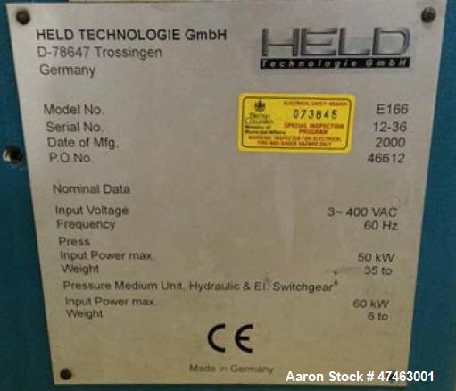 Used Held Technologies Isobaric Double Steel Belted Press. Belt width: 1.04 meters. Inside seal width: 0.91 meters. Gap range: 0.1 mm to 50 mm. Isobaric pressure up to 40 bar (580 psi). 5 temperature...