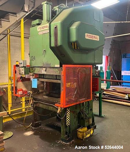Used Federal 2-Point Open back Gap-Frame 45 Ton Press, Serial# 2-45-106, Model 2-45-48-21. Equipped with: Air Clutch & Brake, Light Curtains, Feed Conveyor. CATALOG SPECIFICATIONS: Tonnage Capacity 4...