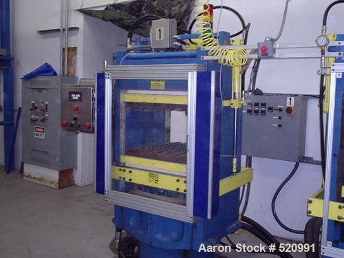 USED: French Oil slab side compression molding machine. With PLC controls 4 station hydraulic manifolds. Three zone electric heated platens 24 x 24. (1) 4 circuit power pack, 30 hp motors/29 gpm pres...