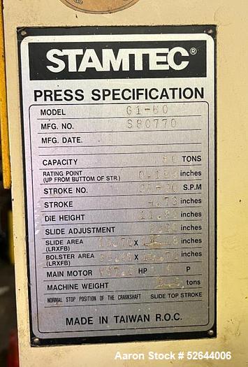 Used Stamtec 66 Ton Open Back Gap Frame Press, Model G1-60. Equipped With: Air Clutch & Brake, Air Counterbalance, Variable Speed Drive, 3.5" Thick Bolster Plate, Overload Protector, Counter Balance ...