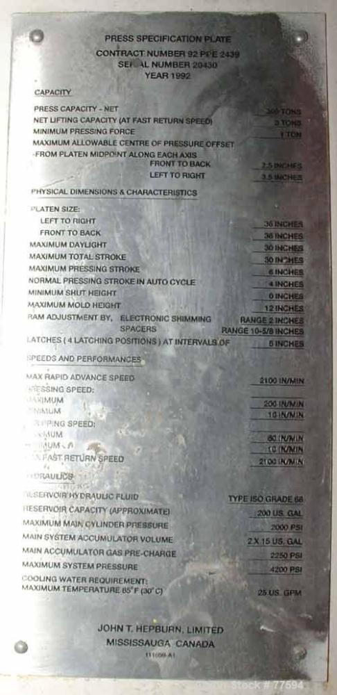 Used Hepburn Machinery 300 Ton Paradyne Plus Press
