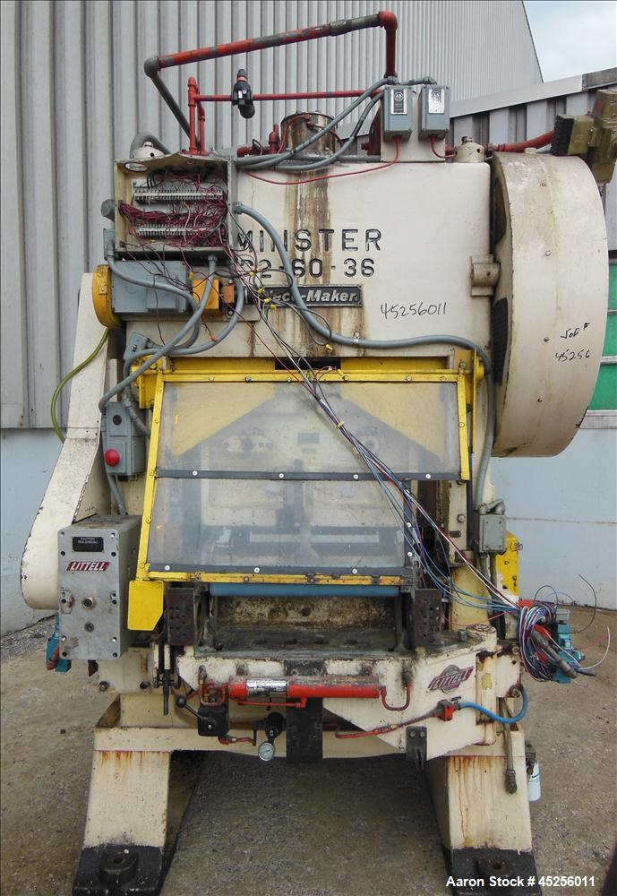 Used  Minster 60 Ton Straight Side Press, Model # P2-60. 60 ton capacity, Press bed area 36" X 25", Stroke of slide 2", Adjustment of slide 3", Shut height 14", Scrap chute opening 16" X 7", Strokes ...