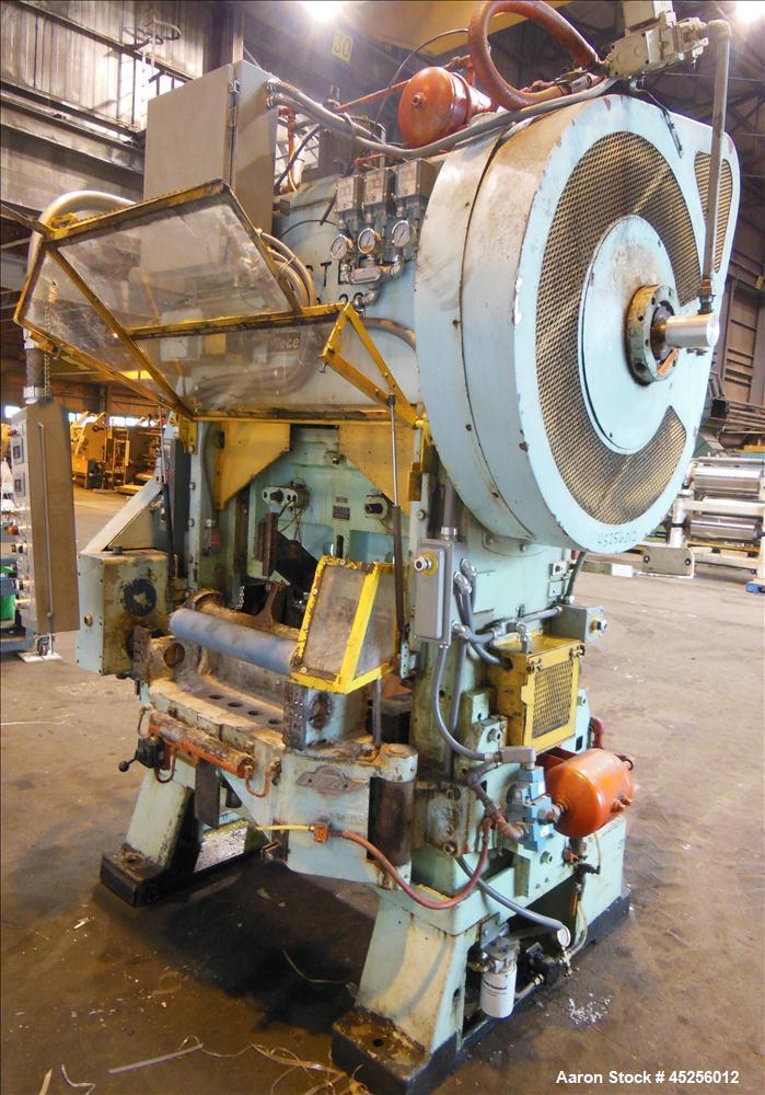 Used  Minster 60 Ton Straight Side Press, Model # P2-60. 60 ton capacity, Press bed area 36" X 25", Stroke of slide 2", Adjustment of slide 3", Shut height 14", Scrap chute opening 14" X 9", Strokes ...