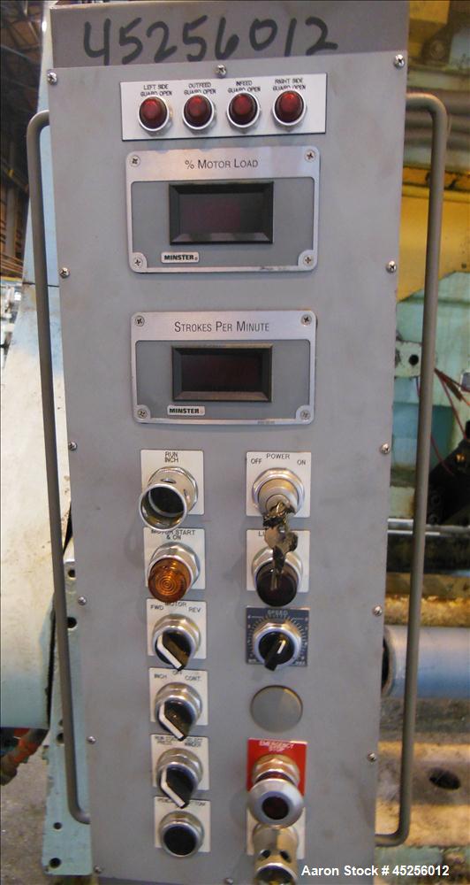 Used  Minster 60 Ton Straight Side Press, Model # P2-60. 60 ton capacity, Press bed area 36" X 25", Stroke of slide 2", Adjustment of slide 3", Shut height 14", Scrap chute opening 14" X 9", Strokes ...