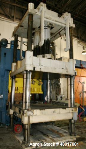 Used 300 Ton Premier Mold 4-Post Hydraulic Press. Max stroke 61". Max daylight to bed 100". Overall bed and ran area 100". Right to Left x 91" front to back. Distance between the posts is 72". Right ...
