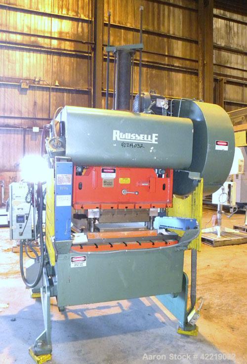 Used Rousselle Gap Frame Double Crank O.B.I. Press, 40 tons, model 4B-48. Stroke 3", slide adjustment 3", shut height 11-3/4". Area of bed 48" left to right X  16" front to back. Opening in bed 37" l...