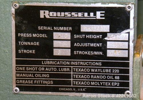 Used Rousselle Gap Frame Double Crank O.B.I. Press, 40 tons, model 4B-48. Stroke 3", slide adjustment 3", shut height 11-3/4". Area of bed 48" left to right X  16" front to back. Opening in bed 37" l...