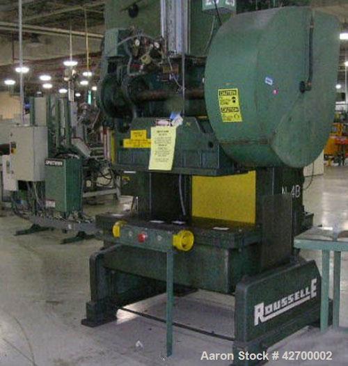 Used 40 Ton Rousselle Gap Frame Double Crank O.B.I. Press. Model no. 4B. Air clutch & brake. Air counterbalance. Flywheel type. Stroke: 3". Slide adjustment: 3". Shut height: 11-3/4". Area of bed: 48...