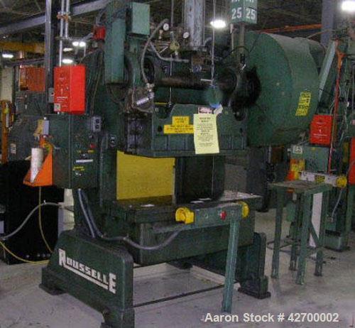 Used 40 Ton Rousselle Gap Frame Double Crank O.B.I. Press. Model no. 4B. Air clutch & brake. Air counterbalance. Flywheel type. Stroke: 3". Slide adjustment: 3". Shut height: 11-3/4". Area of bed: 48...