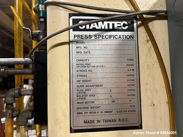 Used- Stamtec 200/220 TON STAMTEC "S2-200-72-48" SINGLE-ACTION 2-POINT STRAIGHT SIDE PRESS w/SERVO-FEED SYSTEM. EQUIPPED WIT...