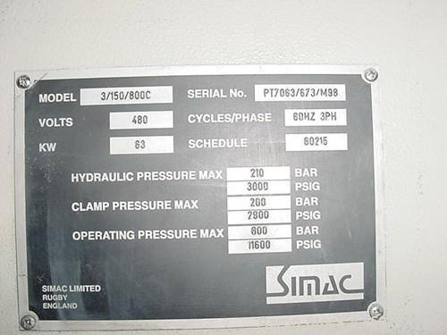 Used Simac Densomatic Dry Bag Isostatic Press, Model 3/150/800C, Approximately 150 Ton. Automatic cycle, hydraulic pressure 3000 PSI max, clamp pressure 2900 PSI max, operating pressure 11,600 PSI ma...