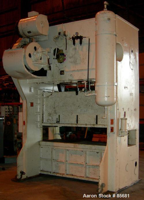 USED: Verson 100 ton straight side press, model 100-S2-84. Mechanically operated. 5" Adjustment. 18" Shut height. Platen 84" left to right, 32" front to back. (2) Side windows 20" x 14". 8" stroke of...
