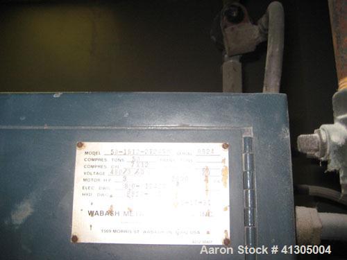 Used Wabash 50 Ton Upstroke Hydraulic Compression Press, model 50-1512-2T2WSM. (2) Electrically heated, water cooled platens 12'' x 15''. (2) 1 3/4'' diameter tie rods, distance between 18 3/4" left ...