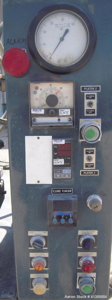 Used Wabash 50 Ton Upstroke Hydraulic Compression Press, model 50-1512-2T2WSM. (2) Electrically heated, water cooled platens 12'' x 15''. (2) 1 3/4'' diameter tie rods, distance between 18 3/4" left ...