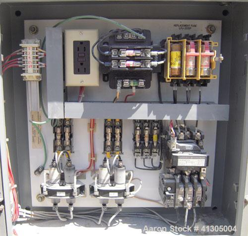 Used Wabash 50 Ton Upstroke Hydraulic Compression Press, model 50-1512-2T2WSM. (2) Electrically heated, water cooled platens 12'' x 15''. (2) 1 3/4'' diameter tie rods, distance between 18 3/4" left ...