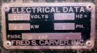 Used Carver Laboratory Manual Press, Model 2699, 30 Ton Clamping Force. Hydraulic, 4 post upstroke type. (2) 12