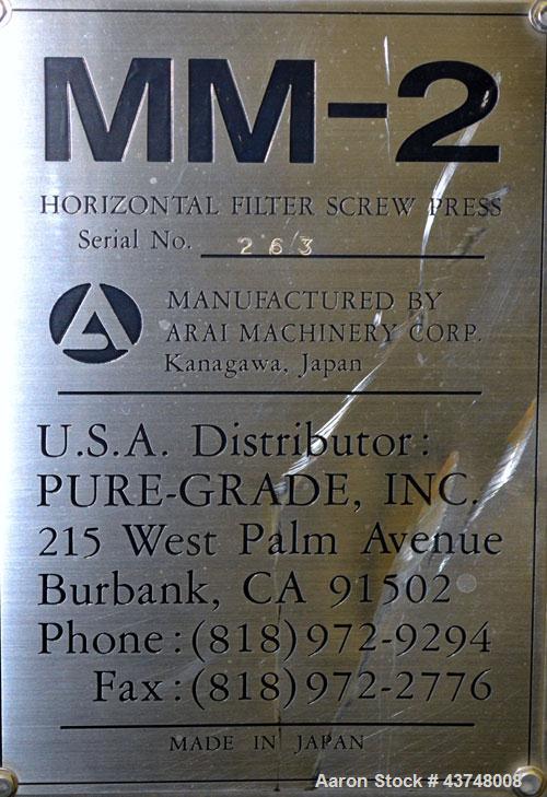 Used Arai Machinery Horizontal Filter Screw Press, Model MM-2, 316 Stainless Steel. Designed for continuous solid-liquid separation filtration. Consists of (1) approximately 6” diameter x 24” long M-...