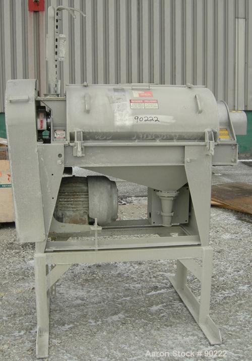 USED: Brown International pulper finisher dewatering separator, model 202, 304 stainless steel. Approximate 16" diameter x 38" long mesh screen housing. Inner paddle assembly, driven by a 20 hp, 3/60...