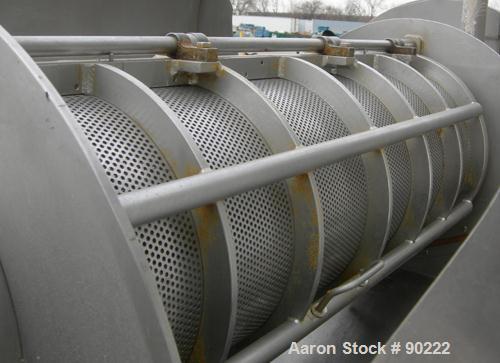 USED: Brown International pulper finisher dewatering separator, model 202, 304 stainless steel. Approximate 16" diameter x 38" long mesh screen housing. Inner paddle assembly, driven by a 20 hp, 3/60...