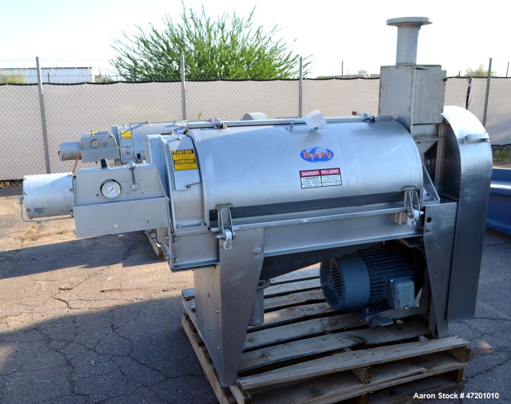 Used Brown International Extractor Finisher De-Watering Separator, Model 2503, Stainless Steel. Input capacity up to 200 gallons per minute depending on product. Approximate 12" diameter x 38" long s...