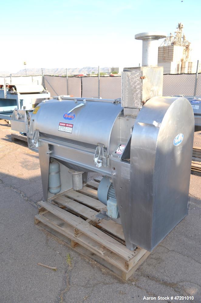 Used Brown International Extractor Finisher De-Watering Separator, Model 2503, Stainless Steel. Input capacity up to 200 gallons per minute depending on product. Approximate 12" diameter x 38" long s...
