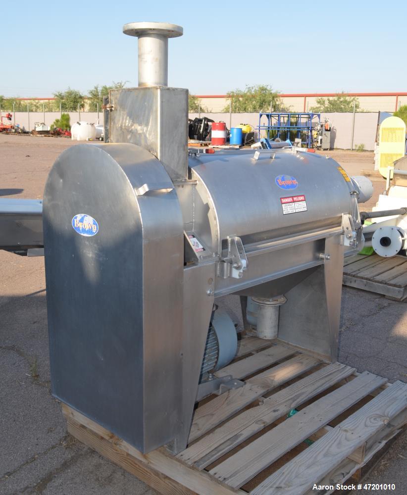 Used Brown International Extractor Finisher De-Watering Separator, Model 2503, Stainless Steel. Input capacity up to 200 gallons per minute depending on product. Approximate 12" diameter x 38" long s...