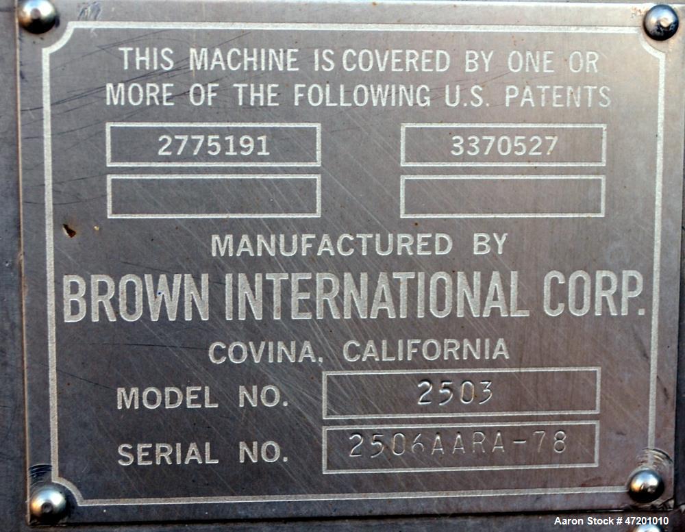 Used Brown International Extractor Finisher De-Watering Separator, Model 2503, Stainless Steel. Input capacity up to 200 gallons per minute depending on product. Approximate 12" diameter x 38" long s...