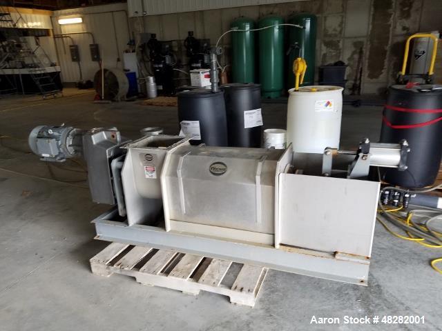 Used Vincent Horizontal Screw Press, Model KP-10. Approximate 10" diameter x 41" long screw. Approximate capacity GPM 10-100. 12" x 12" top feed. Press driven by a 10hp, 3/60/230/460 volt, 1750 rpm g...