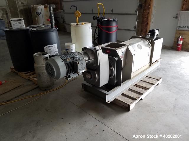 Used Vincent Horizontal Screw Press, Model KP-10. Approximate 10" diameter x 41" long screw. Approximate capacity GPM 10-100. 12" x 12" top feed. Press driven by a 10hp, 3/60/230/460 volt, 1750 rpm g...