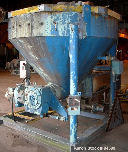 Used Pondorf Screw Press, 304 Stainless Steel. Approximate 12" diameter x 48" long screw. Driven by a 7.5 HP, 3/60/460 Volt, 1680 RPM varispeed gearmotor. Includes a carbon steel feed tank with a con...
