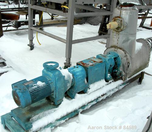 Used Pondorf Screw Press, 304 Stainless Steel. Approximate 12" diameter x 48" long screw. Driven by a 7.5 HP, 3/60/460 Volt, 1680 RPM varispeed gearmotor. Includes a carbon steel feed tank with a con...