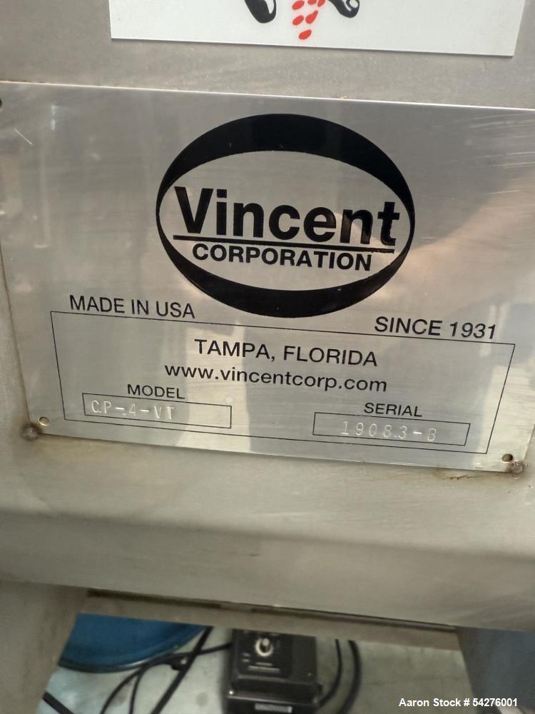 Used Vincent CP-6-VT Vapor-Tight Screw Press | 304 Stainless Steel | 350 lb/hr Dry Basis