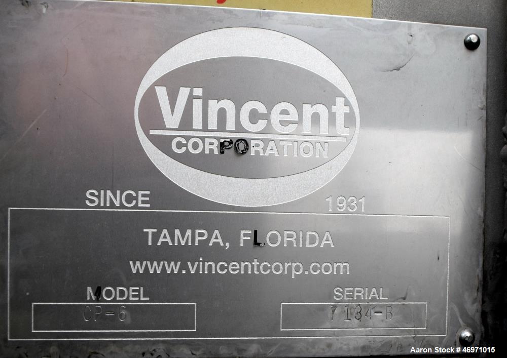 Used Vincent Corporation CP Horizontal Screw Press, Model CP-6, Stainless Steel