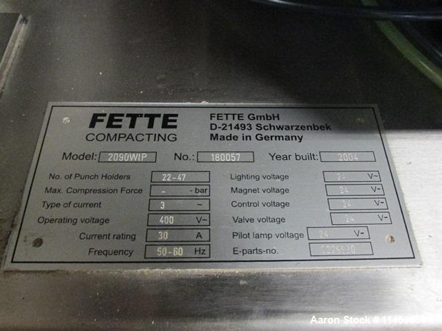 Used Used Fette 2090i WiP rotary tablet press, 36 station, 100 Kn pre-compression, 100 Kn main compression, single sided, keyed upper punch guides, 16 mm max tablet diameter, 18 mm max depth of fill,...