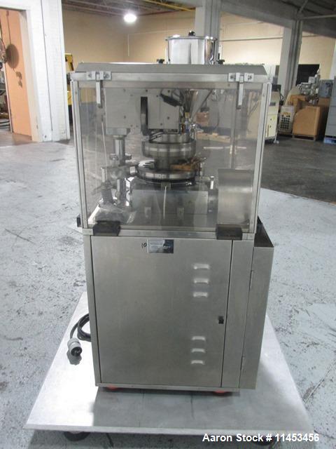 Used Used CPT (CapPlus Technologies) Econoline-M rotary tablet press, 16 stations, B tooled, keyed upper punch guide, feed hopper, 4 ton main compression pressure, rated up to 31,000 tablets/hr, seri...
