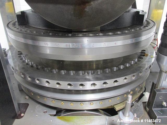 Used One (1) used Manesty Rotapress MK IIA rotary tablet press, 61 station, double sided, with pre-compression, 6.5 tons compression, keyed upper punches, 7/16" max tablet diameter, 11/16" max depth ...