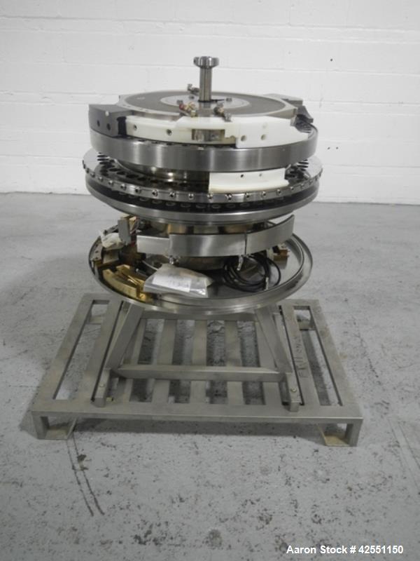 Used Fette 3090 turret, 49 station, designed for 25 mm max tablet diameter, 22 mm max depth of fill, keyed upper punch guides on cart.