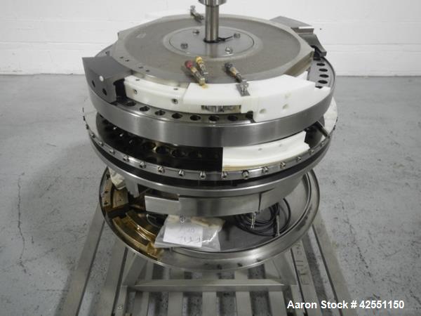 Used Fette 3090 turret, 49 station, designed for 25 mm max tablet diameter, 22 mm max depth of fill, keyed upper punch guides on cart.