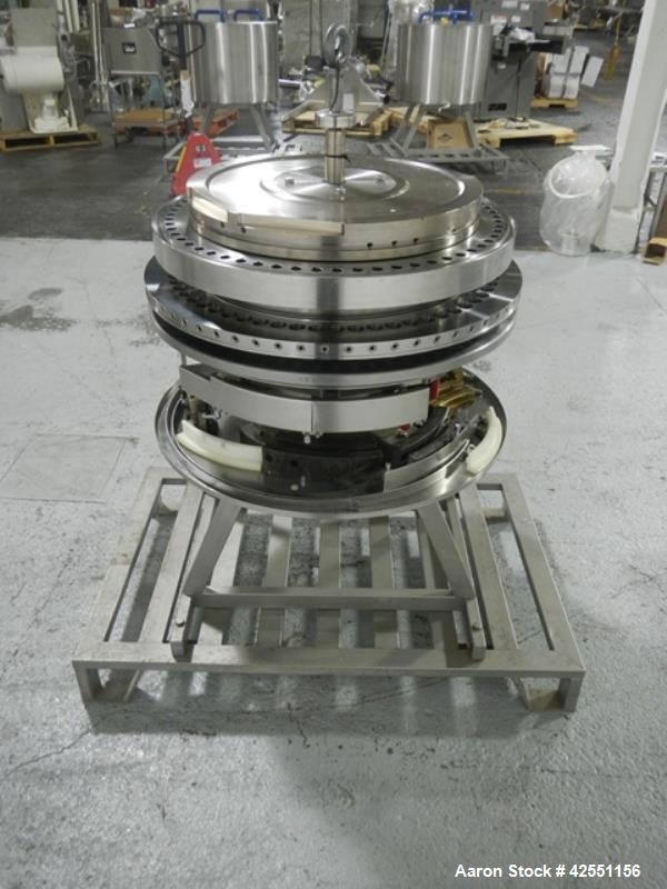 Used Fette 3090 turret, 61 station, designed for 16 mm max tablet diameter, 28 mm max depth of fill, keyed upper punch guides on cart.