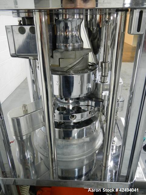 Used Riva Piccola B-C rotary tablet press, 10 station, 50 Kn compression pressure, keyed upper punch guides, 16 mm max tablet diameter, 19 mm max depth of fill, force feeder, rated up to 60,000 table...