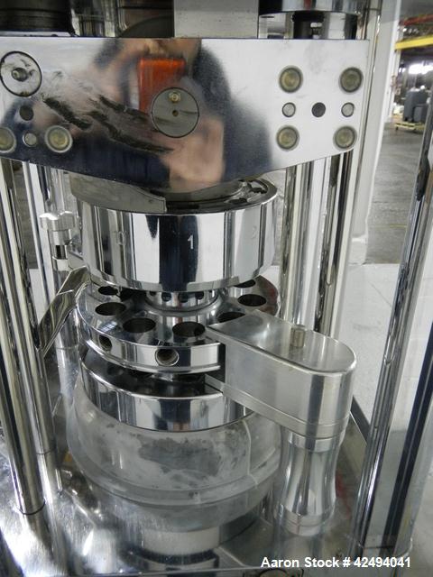 Used Riva Piccola B-C rotary tablet press, 10 station, 50 Kn compression pressure, keyed upper punch guides, 16 mm max tablet diameter, 19 mm max depth of fill, force feeder, rated up to 60,000 table...