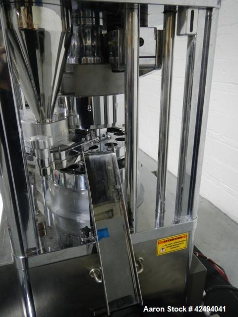 Used Riva Piccola B-C rotary tablet press, 10 station, 50 Kn compression pressure, keyed upper punch guides, 16 mm max tablet diameter, 19 mm max depth of fill, force feeder, rated up to 60,000 table...