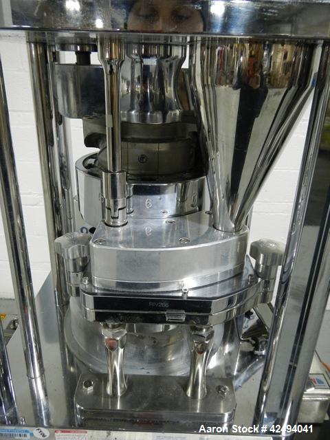Used Riva Piccola B-C rotary tablet press, 10 station, 50 Kn compression pressure, keyed upper punch guides, 16 mm max tablet diameter, 19 mm max depth of fill, force feeder, rated up to 60,000 table...