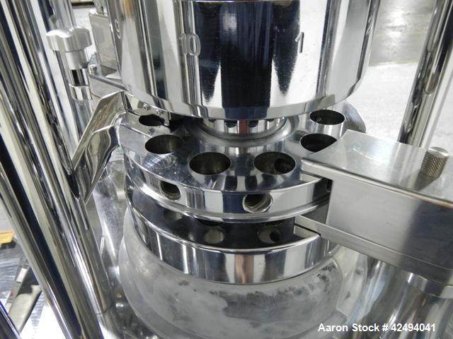 Used Riva Piccola B-C rotary tablet press, 10 station, 50 Kn compression pressure, keyed upper punch guides, 16 mm max tablet diameter, 19 mm max depth of fill, force feeder, rated up to 60,000 table...