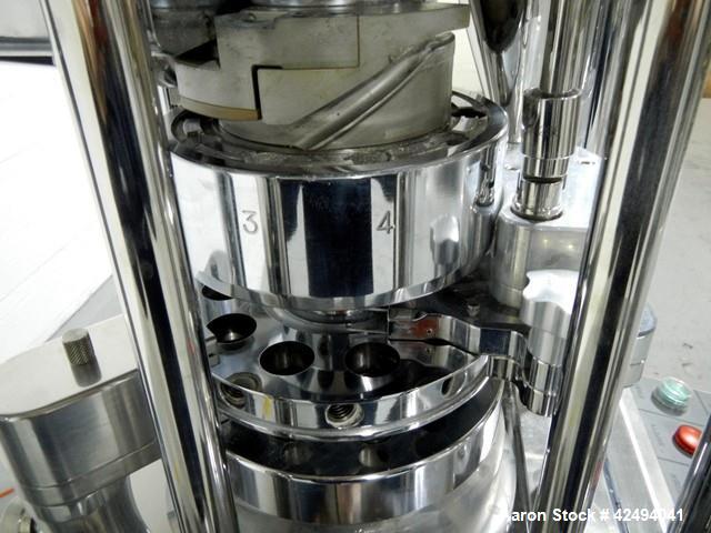Used Riva Piccola B-C rotary tablet press, 10 station, 50 Kn compression pressure, keyed upper punch guides, 16 mm max tablet diameter, 19 mm max depth of fill, force feeder, rated up to 60,000 table...