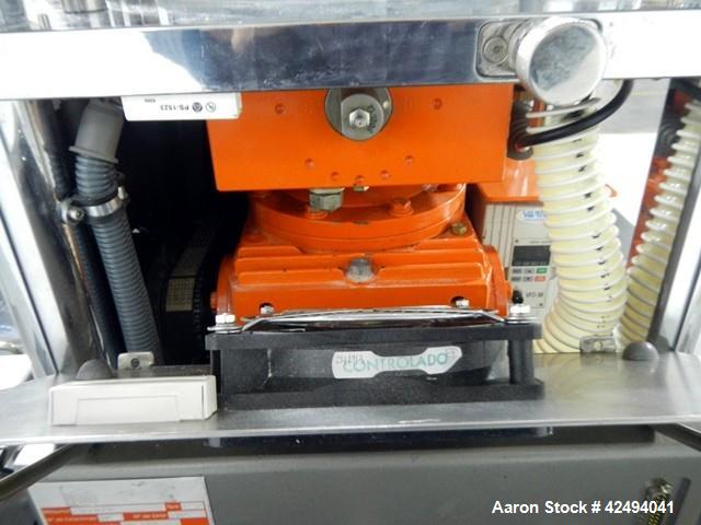 Used Riva Piccola B-C rotary tablet press, 10 station, 50 Kn compression pressure, keyed upper punch guides, 16 mm max tablet diameter, 19 mm max depth of fill, force feeder, rated up to 60,000 table...